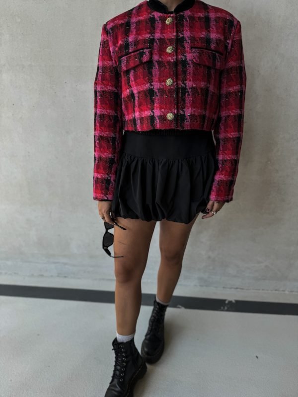 Short Checked Blazer with Mao Velvet Collar