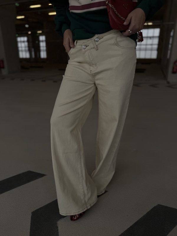 Ecru Denim Elastic Trousers with Button Details