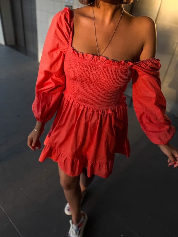 Coral Short Dress with Long Sleeves