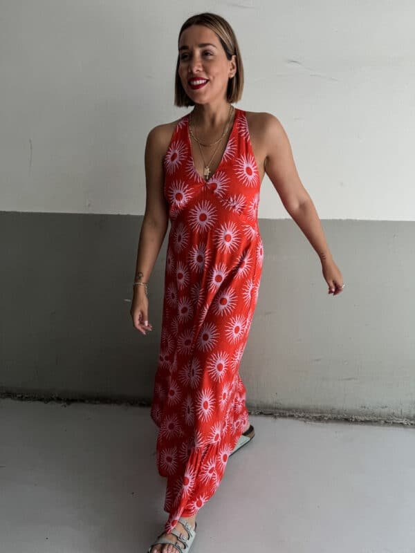 Red Linen Dress with Elastic Back