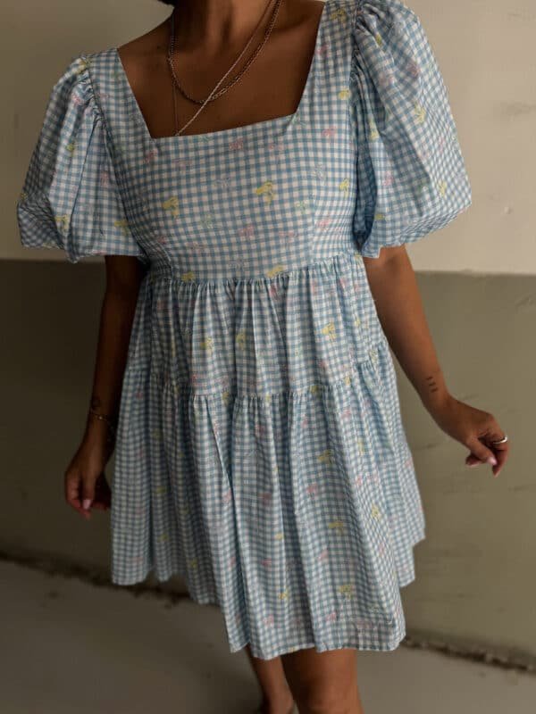 Cute Plaid Dress with Bows with Puffed Sleeves