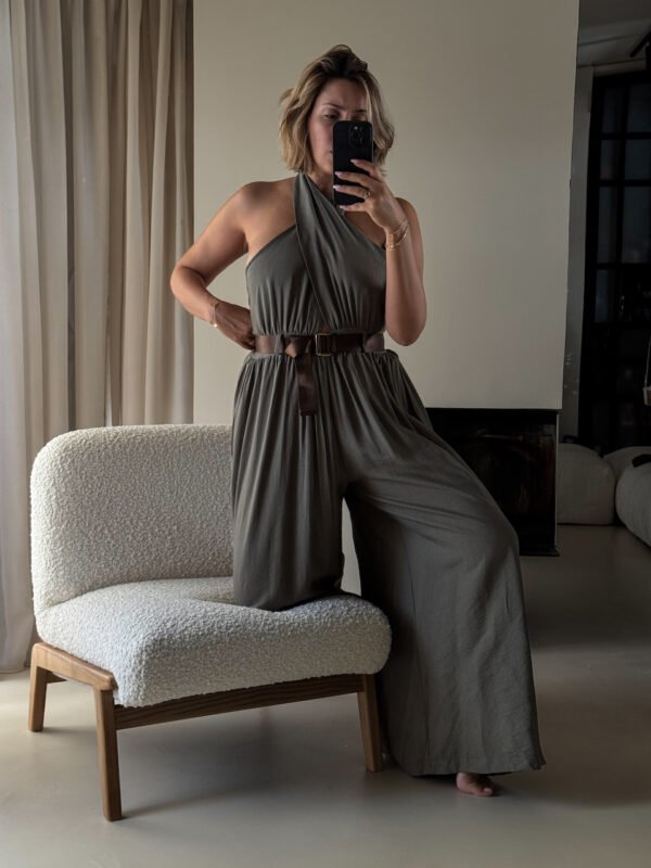 Khaki Jumpsuit with Open Back & Belt