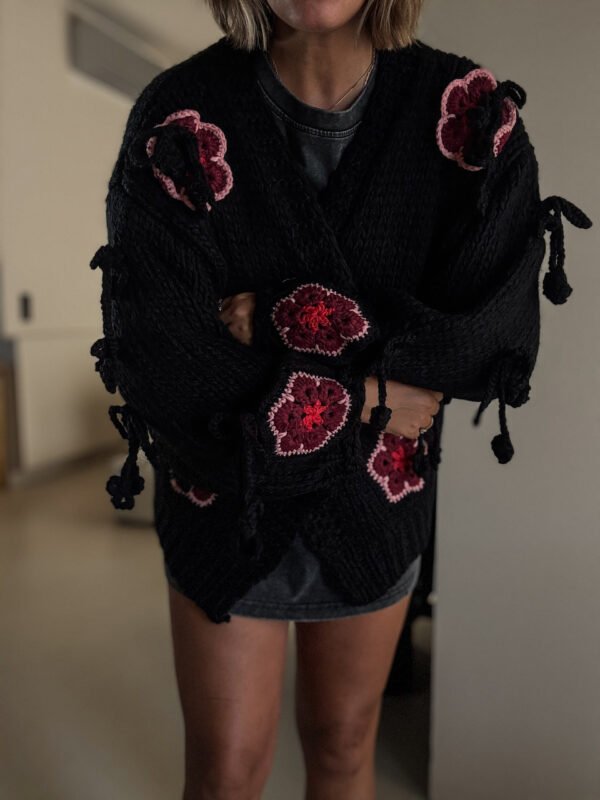 Black Knit Cardigan with Flowers