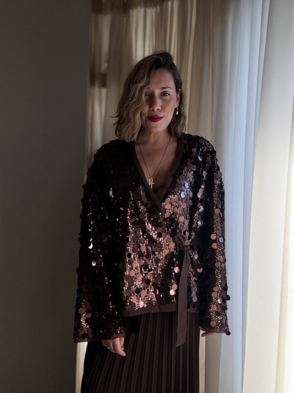 Brown Sequin Cross Cardigan