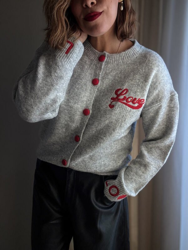 Grey Love Cardigan with Red Details