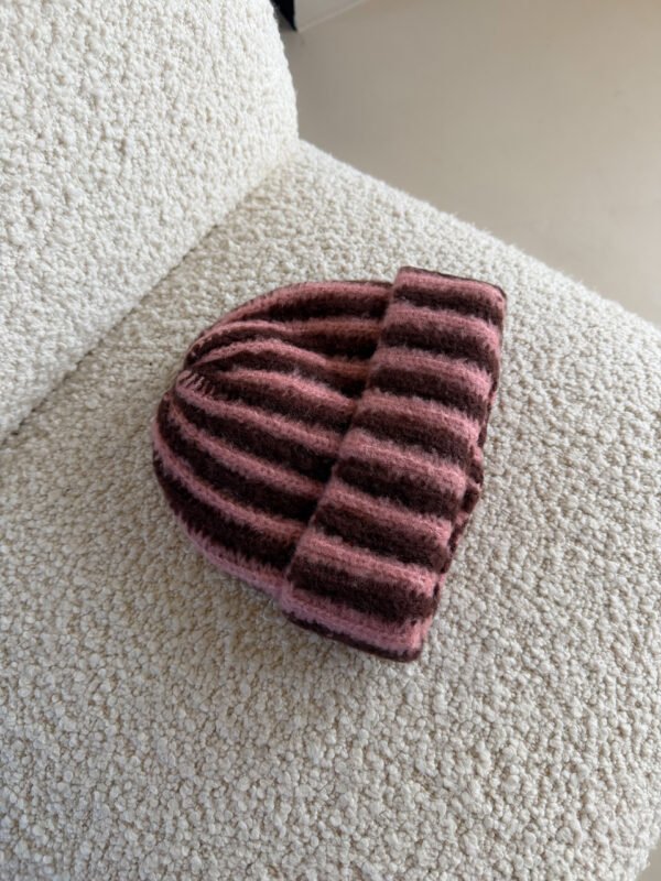 Brown & Pink Striped Beanie Hat