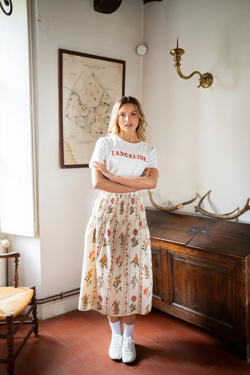 Flowing Midi Skirt with Floral Print and Elastic Waistband