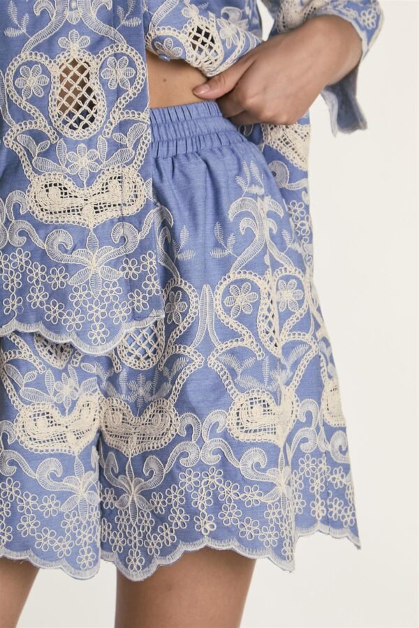 Embroidered Chambray High Rise Lined Shorts