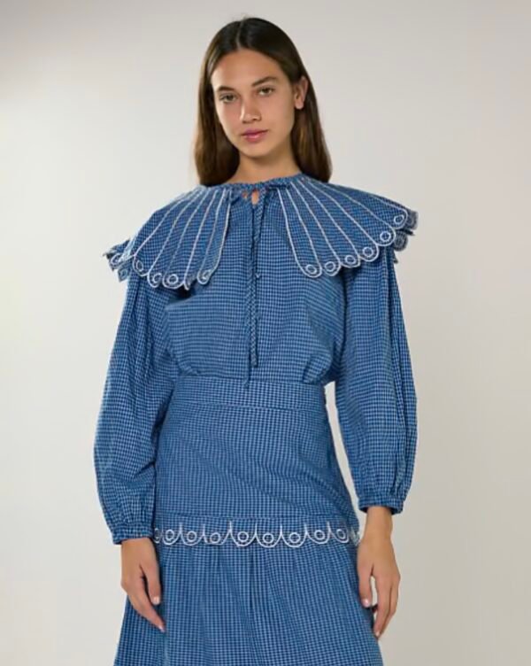 Navy Multi Check Embroidered Collar Long Sleeve Blouse