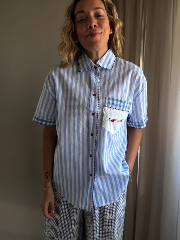 Light Blue Striped Shirt with Embroidery Details
