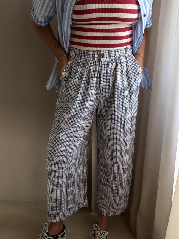 Blue Embroidery Pants with Elastic Waist