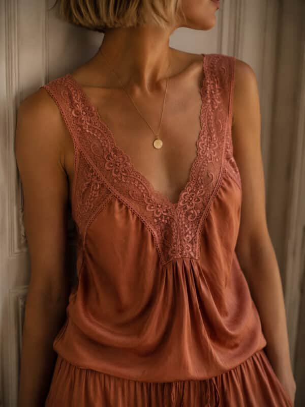 Salmon Satin Camisole with Lace
