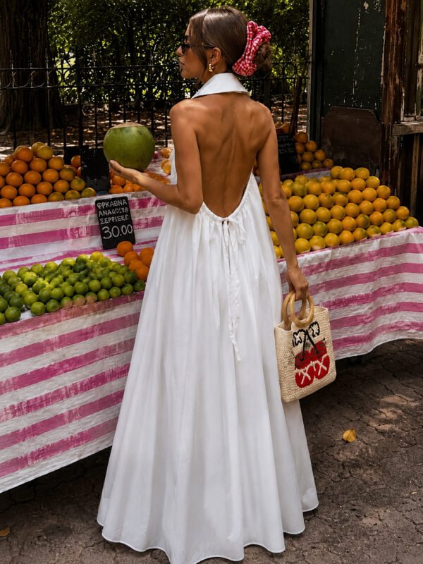 Backless Button Maxi Dress- White
