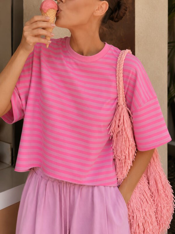 Ριγέ Oversized T-Shirt σε Ροζ Αποχρώσεις