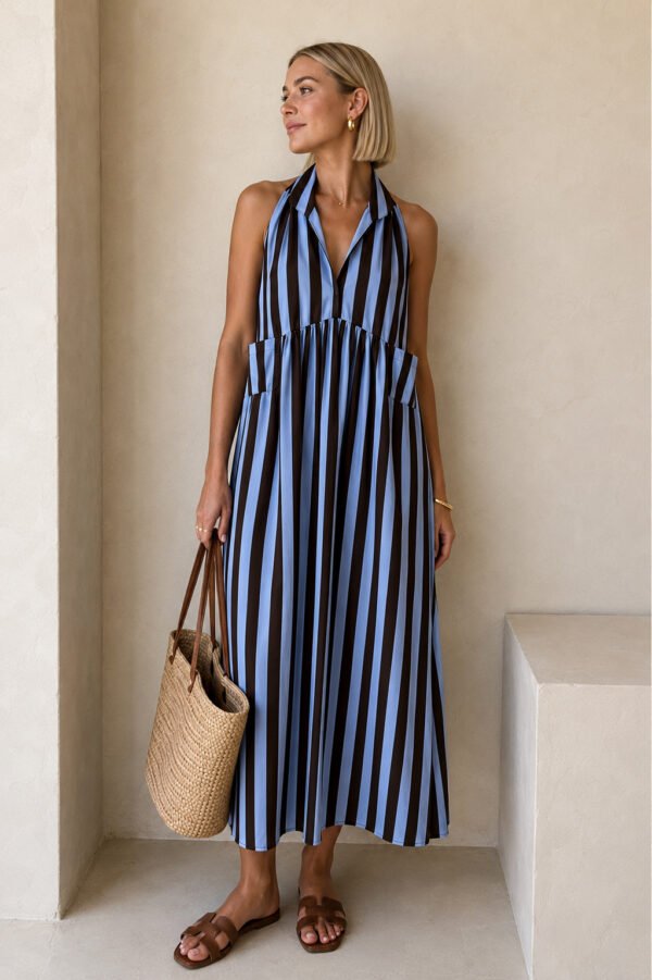 Blue & Mocha Striped Maxi Dress