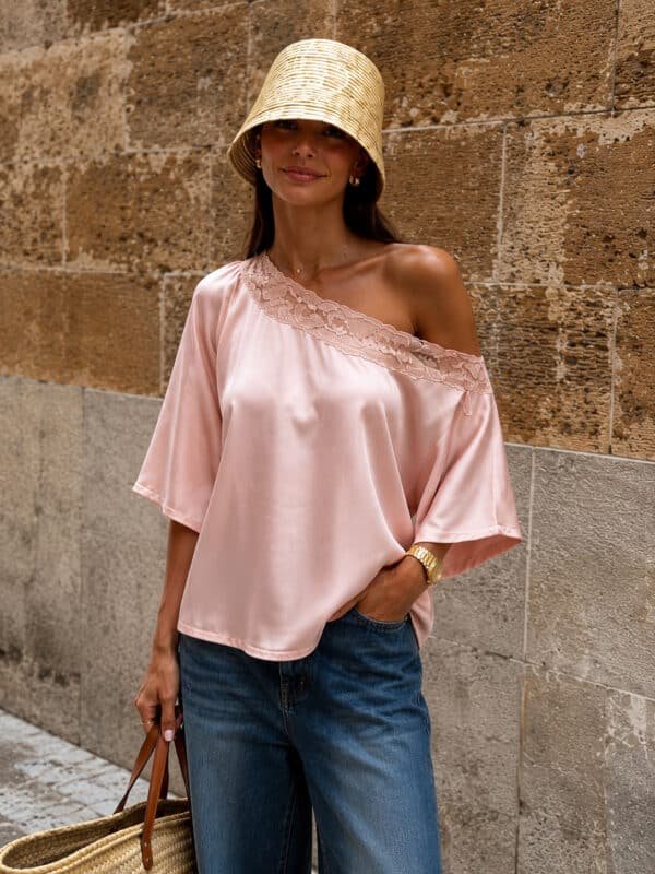 Pink Satin Top with Lace
