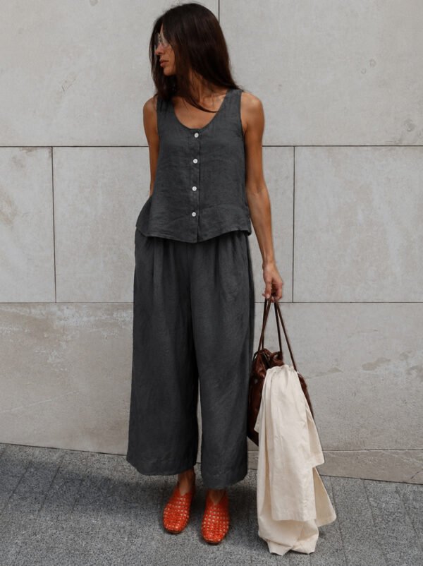 Grey Linen Pants with Elastic Waist