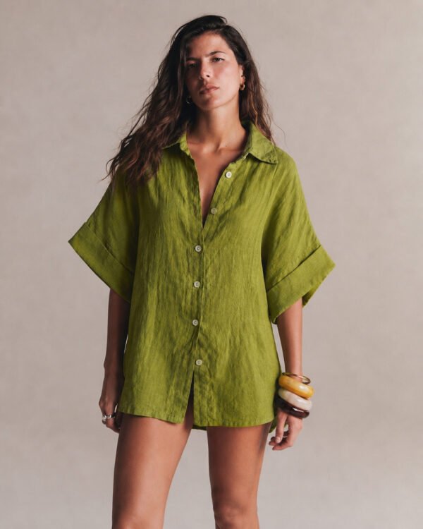 Oversized Linen Shirt Dress – Olive Green