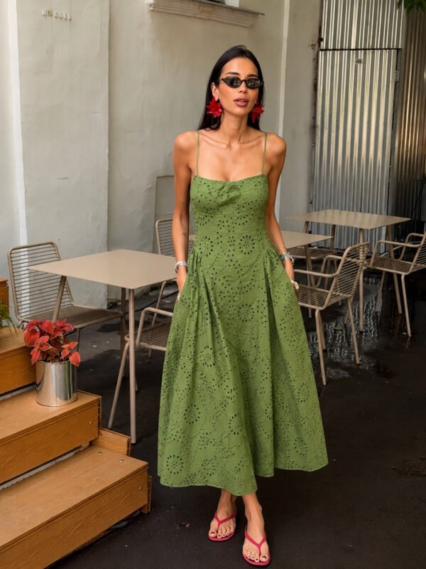 Midi Broderie Φόρεμα με Τιράντες – Olive Green