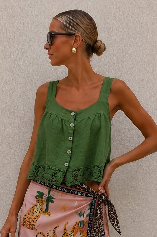 Λινό Crop Top με Κουμπιά & Δαντέλα – Πράσινο