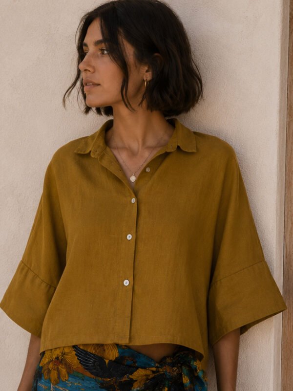 Λινό Κοντό Πουκάμισο Oversized – Μουσταρδί