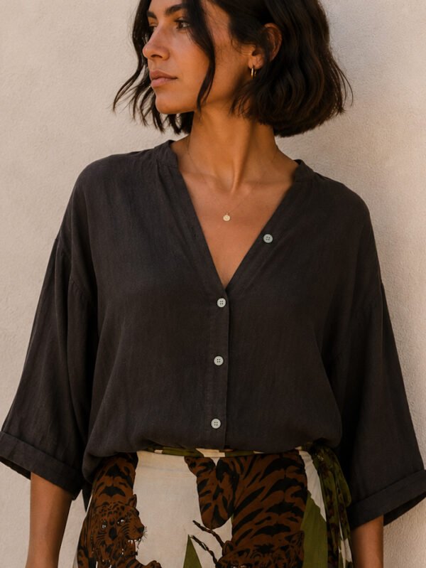 Λινό Πουκάμισο V-Neck – Dark Chocolate