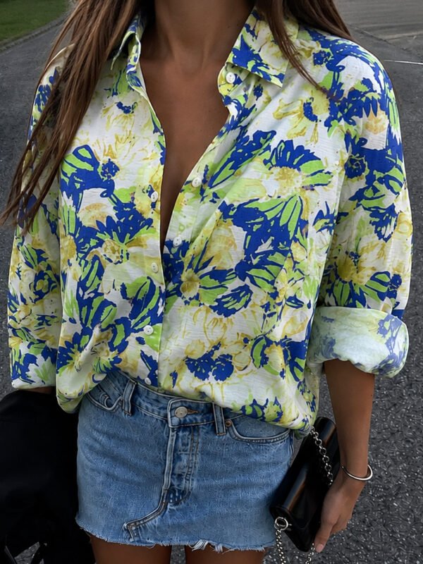 Floral Πουκάμισο με Oversized Γραμμή σε Μπλε & Lime Αποχρώσεις