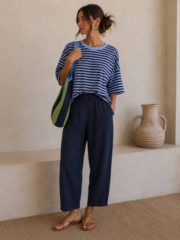 Μπλε Wide Leg Παντελόνι με Λάστιχο