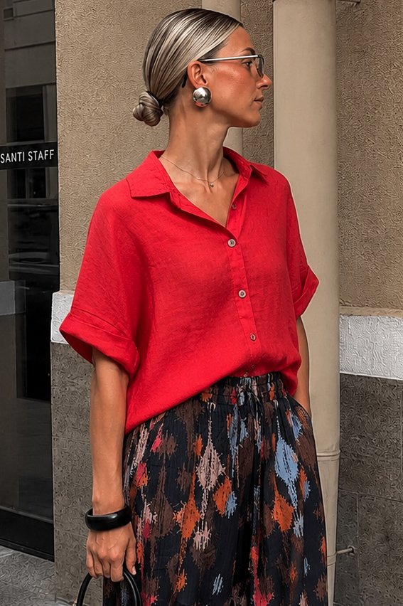 Linen Blend Cropped Shirt – Coral Red