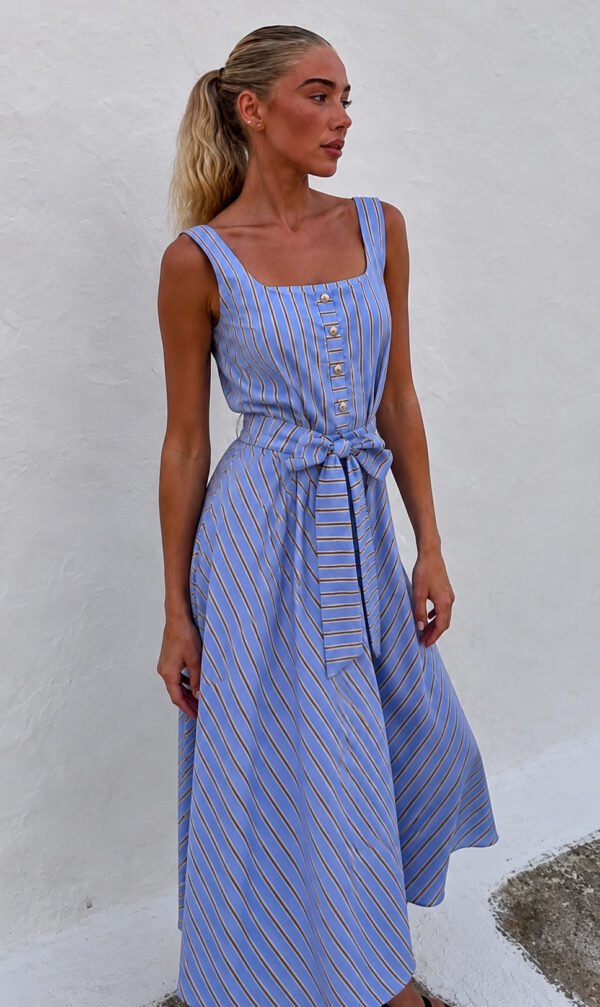 Blue Striped Tie-Waist Midi Dress