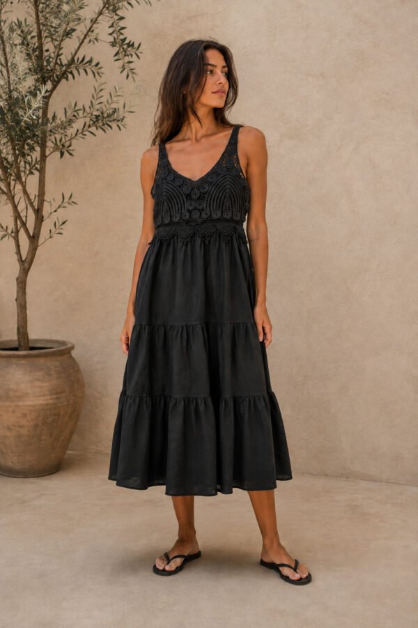 Black Crochet Bodice Midi Dress