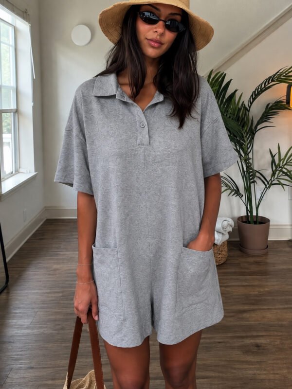 Γκρι Oversized Ολόσωμο Σορτς με Τσέπες