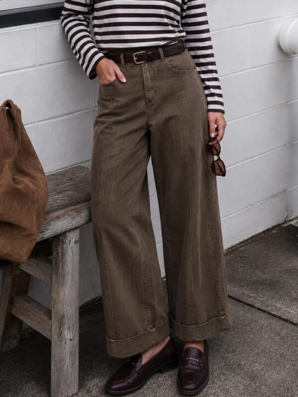 Καφέ Wide Leg Παντελόνι με Ρεβέρ