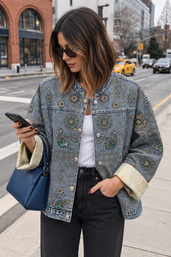 Τζιν Jacket με Κεντημένα Σχέδια & Παγιέτες