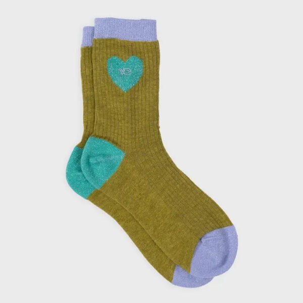 Combed Cotton Socks Heart Olive and Turquoise