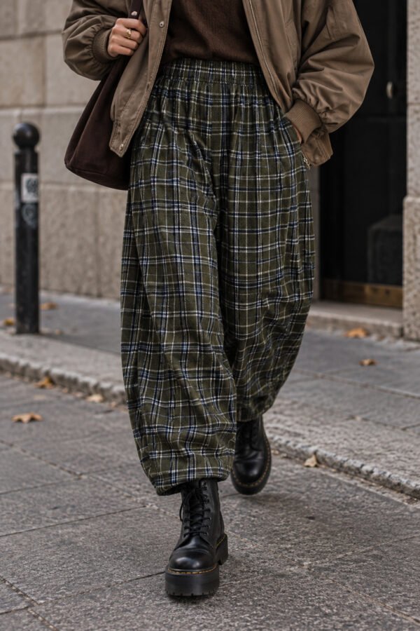 Καρό Παντελόνι Wide Leg σε Χακί