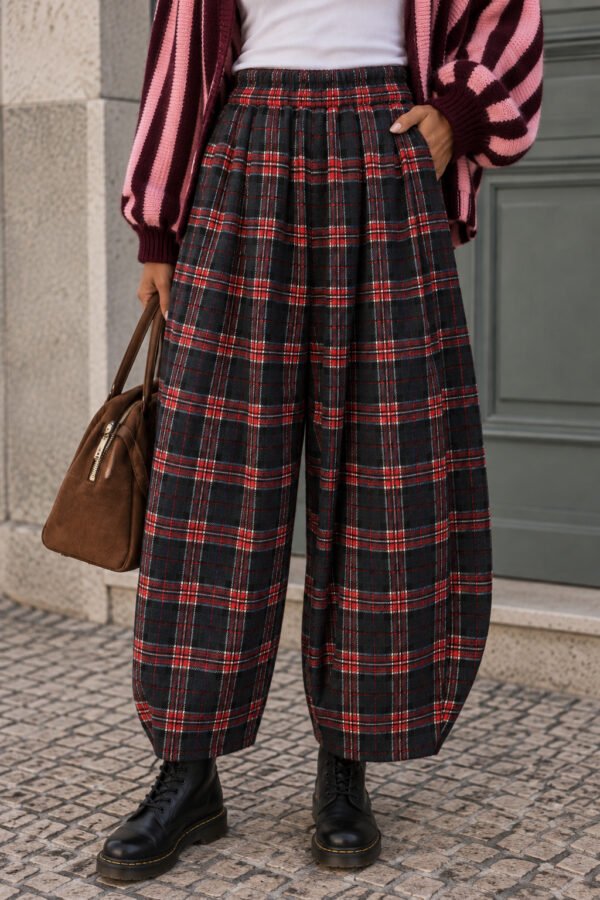Plaid Wide-Leg Knit Trousers