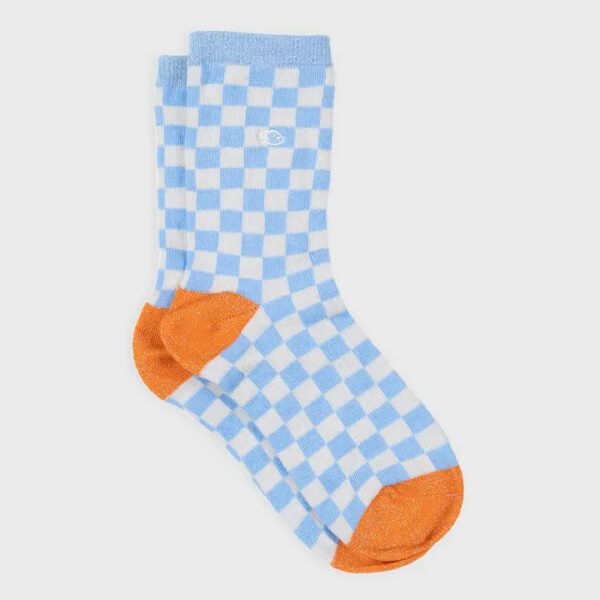 Combed Cotton Checkered Socks - Light Blue and Beige