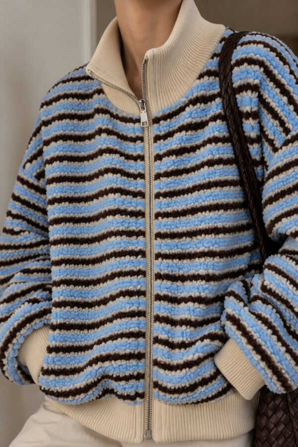 Fleece Jacket με Ρίγες σε Γαλάζιο & Καφέ