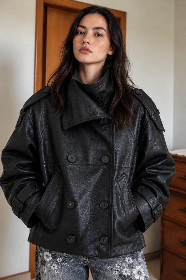 Oversized μαύρο Vegan δερμάτινο μπουφάν