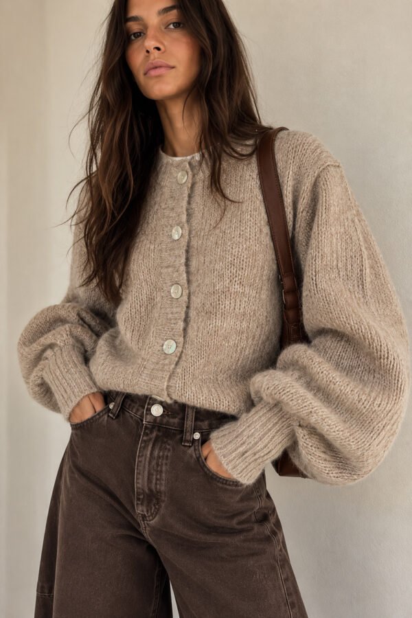 Fuzzy Balloon Sleeve Cardigan – Beige