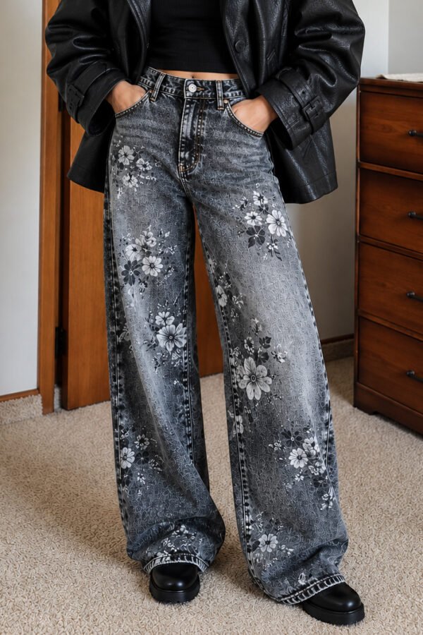 Γκρι floral wide-leg τζιν με washed εφέ