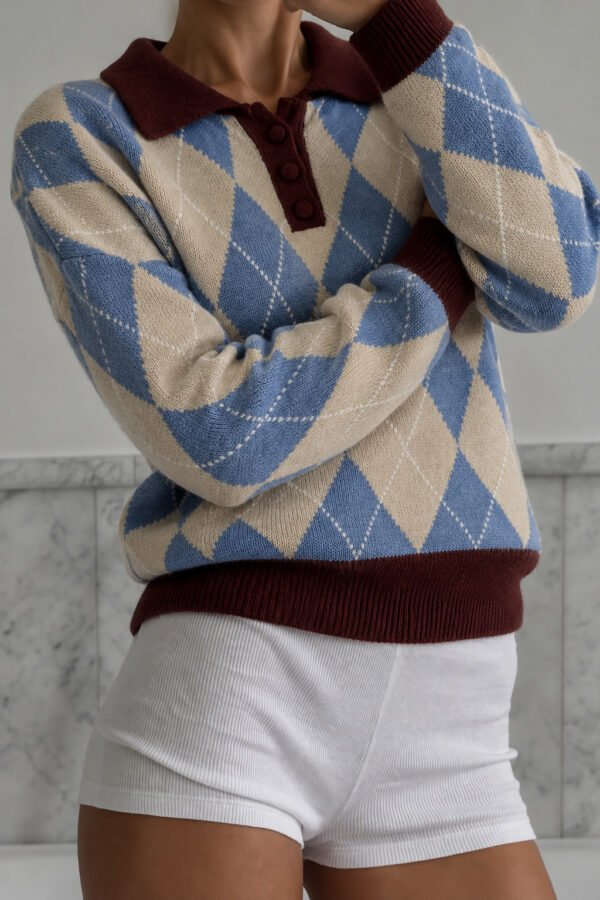 Πλεκτό Argyle Polo με Γιακά σε Μπορντό