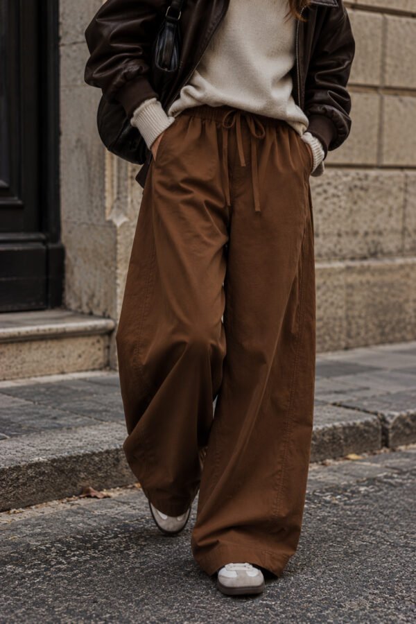Καφέ Παντελόνι Wide Leg με Κορδόνι